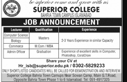 Superior College Bharia Town Compus Jobs in Islamabad